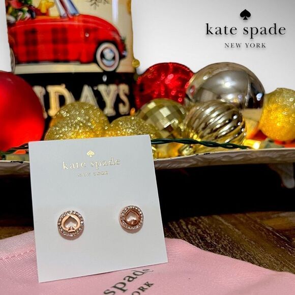 New ♠️ Kate Spade Rose Gold ‘Spot the Spade’ Pavè Halo Spade Studs Post Earrings - Picture 12 of 12